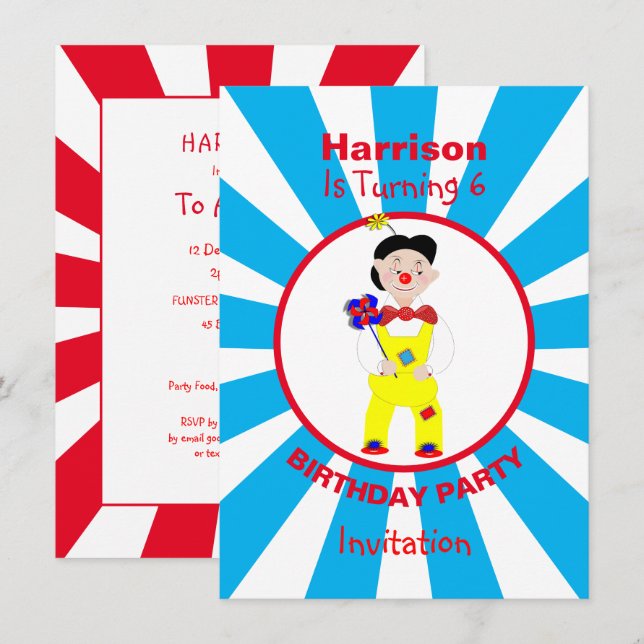 Clown Fun Kids Birthday Party Personalized Invitation (Front/Back)
