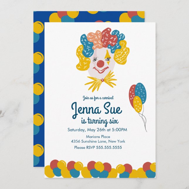 Clown Hand Drawn Carnival Birthday Colourful Invitation (Front/Back)