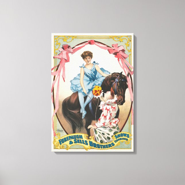 Clown Handing Flowers To A Woman On Horseback Canvas Print (Front)