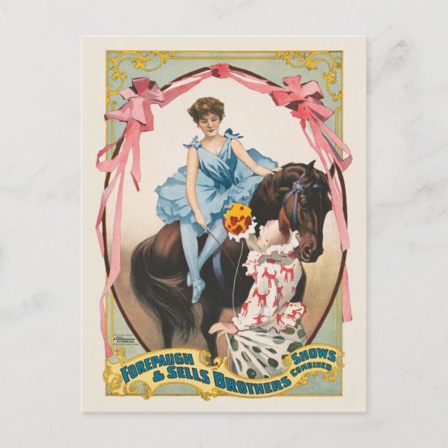 Clown Handing Flowers To A Woman On Horseback Postcard (Front)