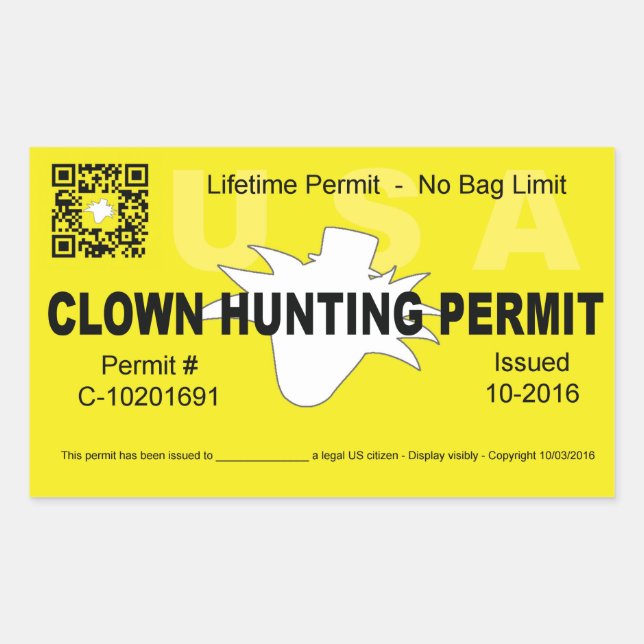 Clown Hunting Permit (4x) (Yellow) Sticker (Front)