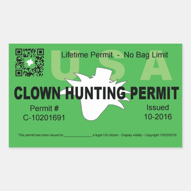 Clown Hunting Permit (Green) (4x) Sticker (Front)