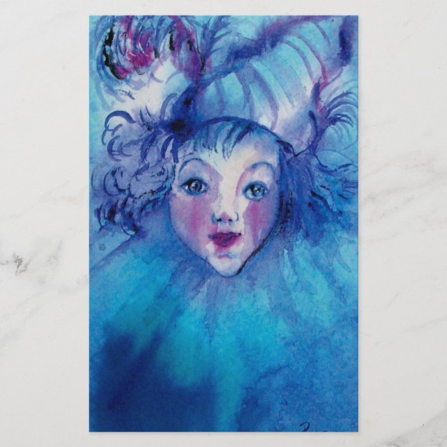 CLOWN IN BLUE Venetian Carnival Faces Stationery (Front)