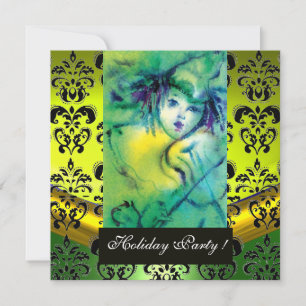 CLOWN IN GREEN,YELLOW, BLACK DAMASK MONOGRAM Gem Invitation