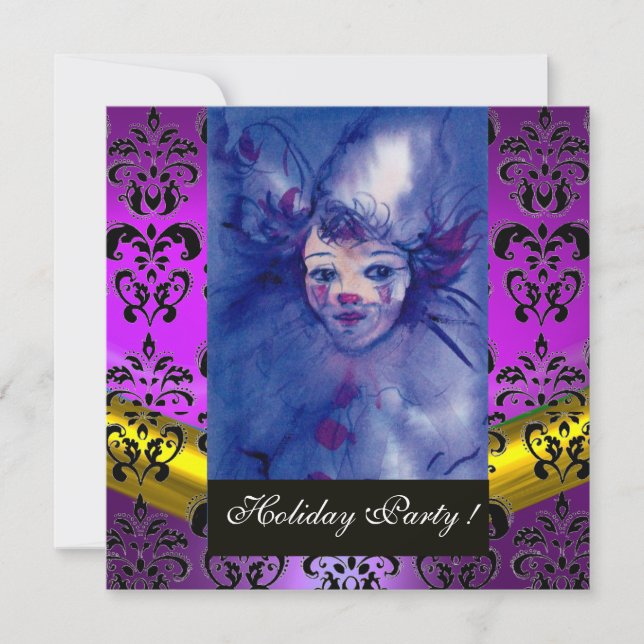 CLOWN IN PURPLE, BLACK DAMASK MONOGRAM Amethyst Invitation (Front)