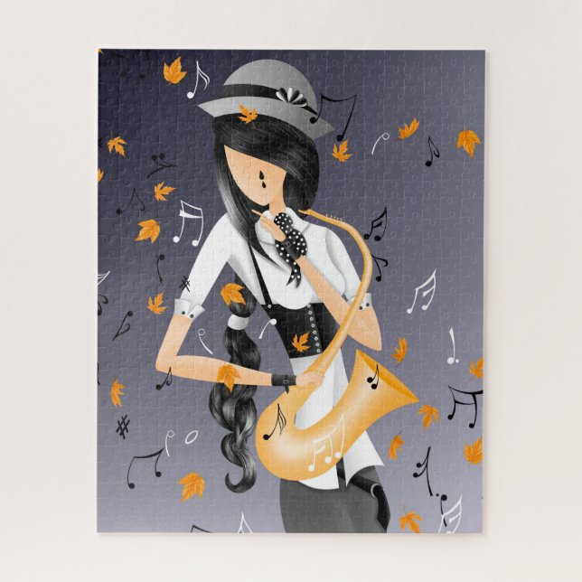 Clown Saxophonist Golden Leaves Jigsaw Puzzle (Vertical)