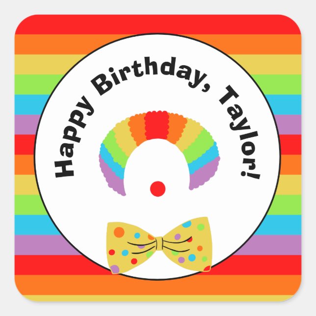 Clown with Rainbow Wig Personalized Birthday Party Square Sticker (Front)