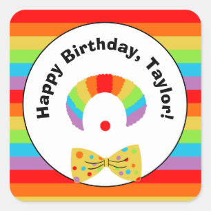 Clown with Rainbow Wig Personalized Birthday Party Square Sticker