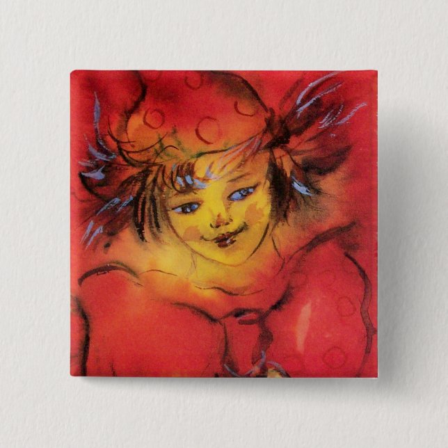 CLOWN WITH RED RIBBON 2 INCH SQUARE BUTTON (Front)