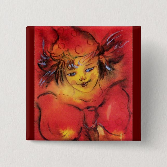 CLOWN WITH RED RIBBON 2 INCH SQUARE BUTTON (Front)