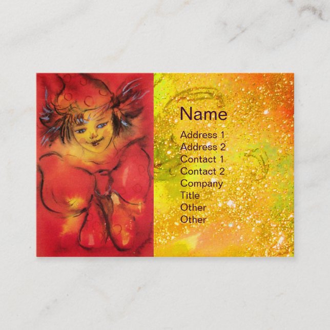 CLOWN WITH RED RIBBON IN GOLD SPARKLES BUSINESS CARD (Front)