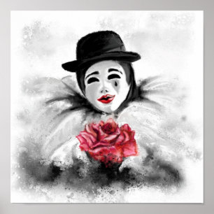 Clown with Rose Poster Black White Painting