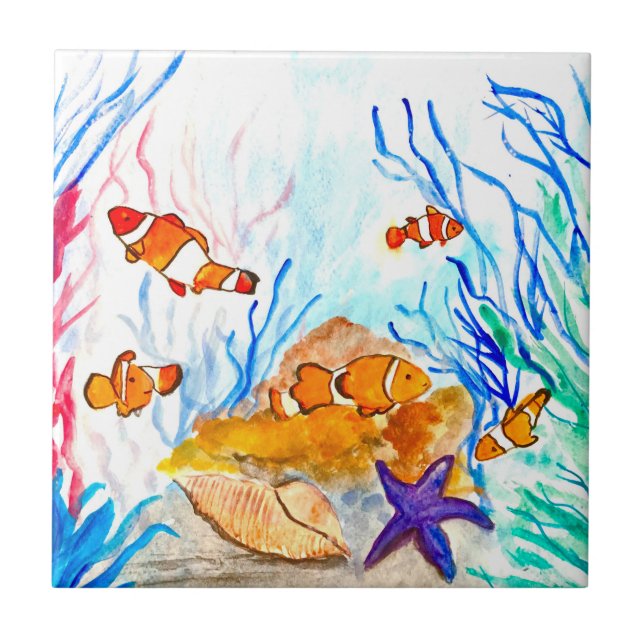 Clownfish Fish Watercolor Blue Nautical Ocean Tile (Front)
