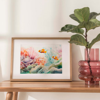 Clownfish Harmony: Watercolor Anemone Reef Print