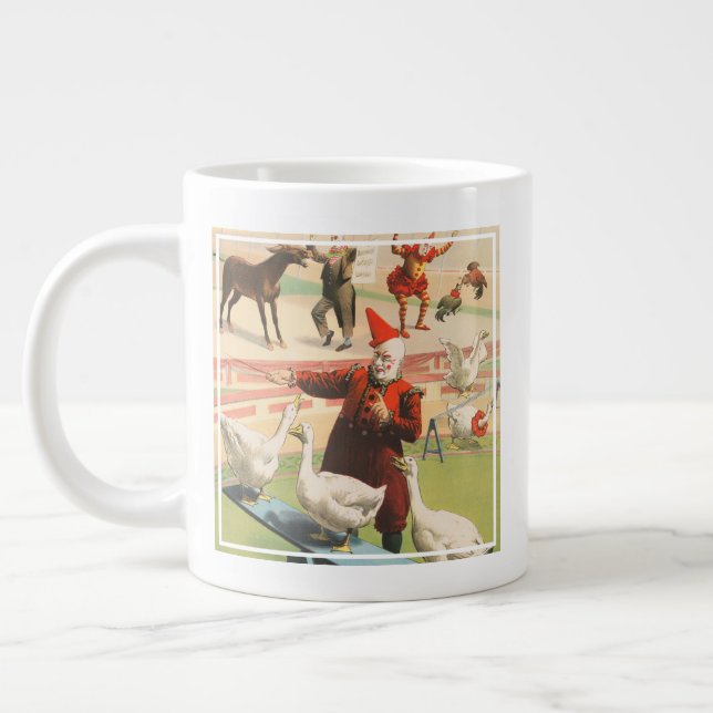 Clowns With Performing Geese, Roosters, & Donkey. Large Coffee Mug (Left)