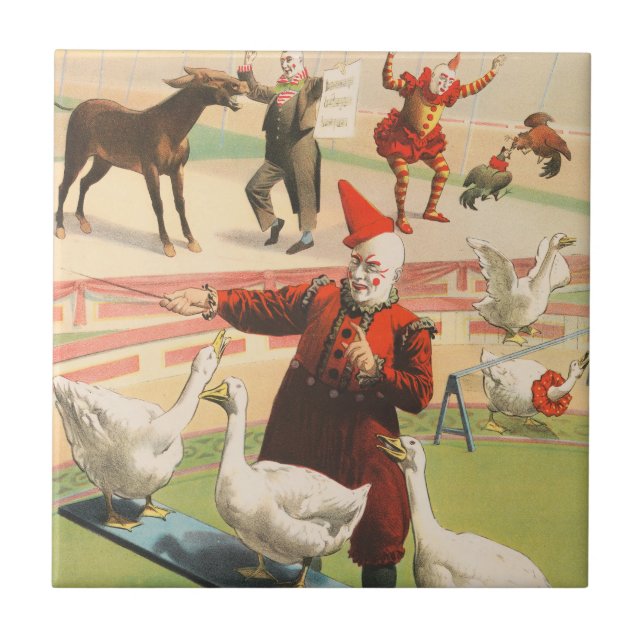 Clowns With Performing Geese, Roosters, & Donkey. Tile (Front)