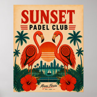Club de Padel Vintage Miami Affiche Rétro Flamant