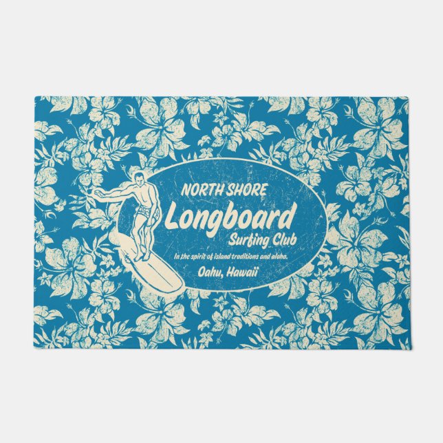 Club Surfing Longboard Logo and Hibiscus Azure Doormat (Front)