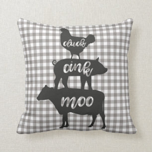 Cluck Oink Moo Chicken Cow Pig Farmhouse Plaid Throw Pillow