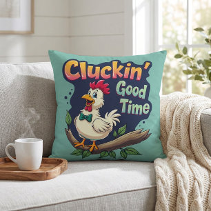 Cluckin' Good Time Funny Chicken Illustration Throw Pillow