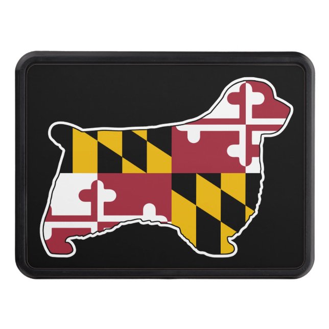 Clumber Spaniel Dog Silhouette with Maryland Flag Trailer Hitch Cover (Front)