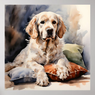Clumber Spaniel Lounging on Pillows Ink Portrait Poster