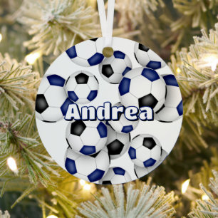 cluster of blue black soccer balls sports keepsake metal ornament