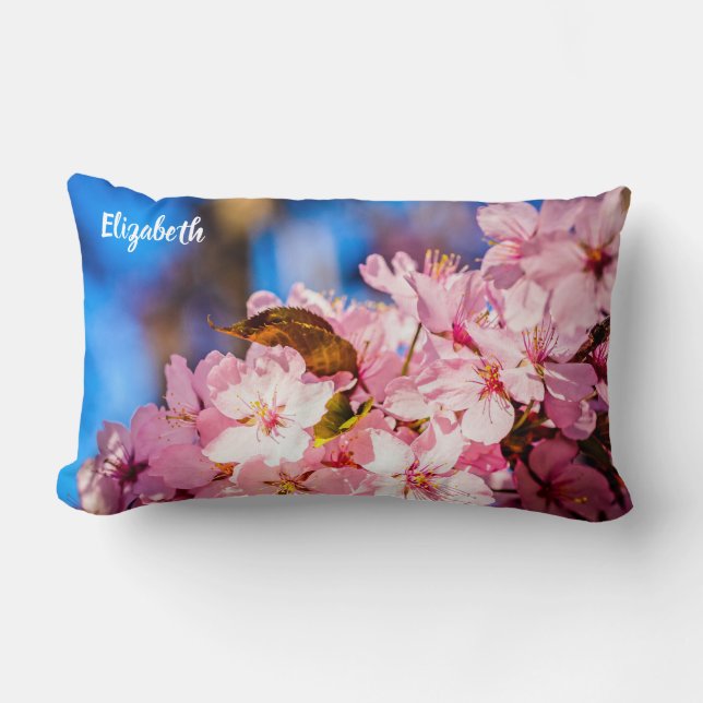 Cluster Of Pink Cherry Blossoms, Blue Sky Lumbar Pillow (Front)