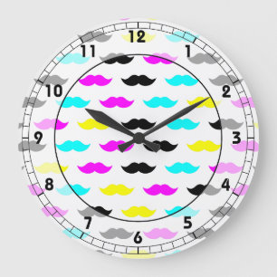 CMYK hipster moustache pattern Large Clock