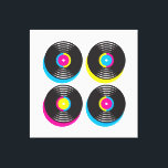 CMYK pop art vinyl records 80s style bright colors Canvas Print<br><div class="desc">A brightly colored CMYK pop art style design of four vinyl records. Very cool design for somone who enjoys eighties 80s memorabilia and art.</div>