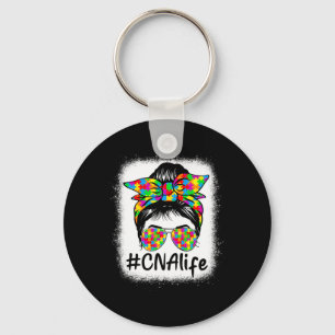 Cna Certified Nursing Istant Messy Bun Autism Awar Keychain