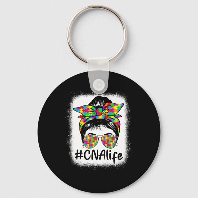 Cna Certified Nursing Istant Messy Bun Autism Awar Keychain (Front)