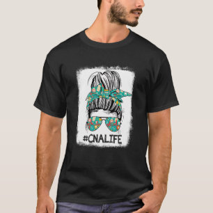 Cna Nurse Life Bleached Blue Leopard Messy Bun Nu T-Shirt