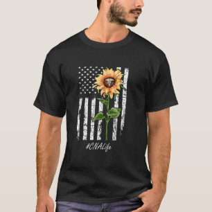 CNA Nurse Life Sunflower Peace USA Flag America In T-Shirt
