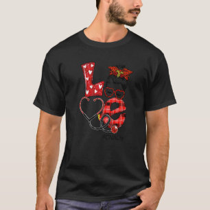 Cna Nurse Plaid Red Leopard Love Heart Messy Bun N T-Shirt