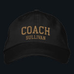 Coach Custom Name Embroidered Hat - Black & Gold<br><div class="desc">Custom Coach Hat from Called :: Fully customizable unisex baseball hat / baseball cap embroidered with name Coach and personalized with the Coach's last name. Shown is gold embroidery on a black hat. Other hat colours and styles available. #CoachHat #Sports</div>