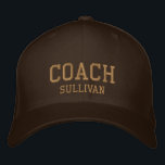 Coach Custom Name Embroidered Hat - Brown & Gold<br><div class="desc">Custom Coach Hat from Called :: Fully customizable unisex baseball hat / baseball cap embroidered with name Coach and personalized with the Coach's last name.  Shown is golden embroidery on a brown hat.  Other hat colours and styles available. #CoachHat #Sports</div>