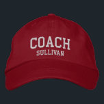 Coach Custom Name Embroidered Hat - Red<br><div class="desc">Custom Coach Hat from Called :: Fully customizable unisex baseball hat / baseball cap embroidered with name Coach and personalized with the Coach's last name.  Shown is white embroidery on a red hat.  Other hat colours and styles available. #CoachHat #Sports</div>