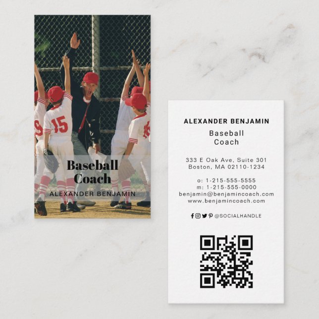 Coach de baseball photo Code QR Carte de visite (Devant / Derrière)