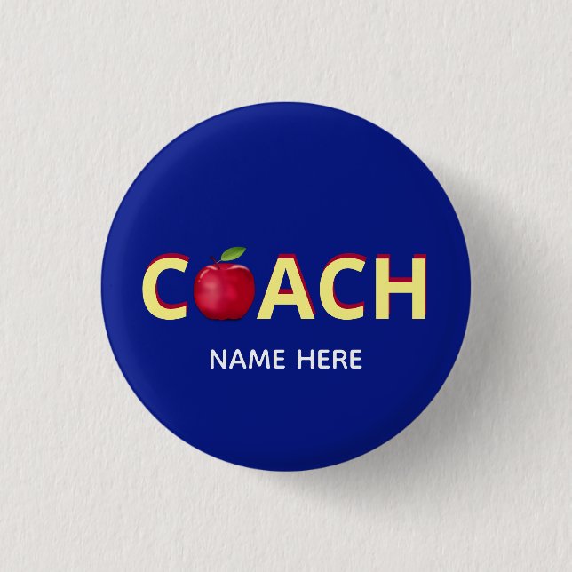 Coach text with red apple on blue 1 inch round button (Front)
