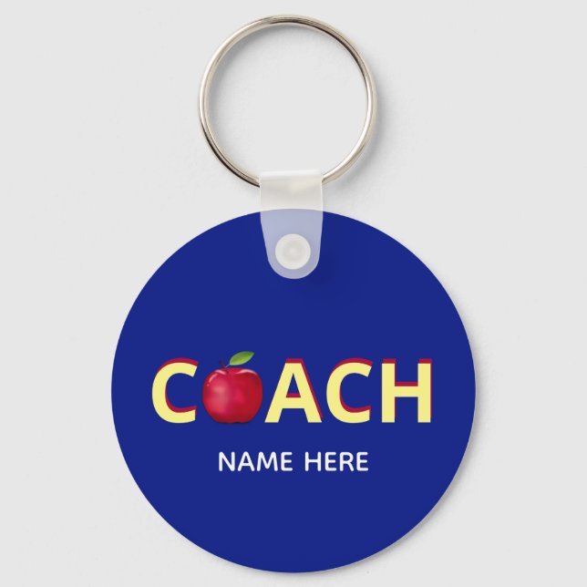 Coach text with red apple on blue keychain (Front)