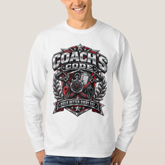 Coach's Code Metallic Fitness Emblem Logo Design T-Shirt (Front)