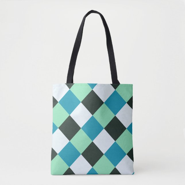 Coal White Teal Green Blue Aqua Turquoise Plaid Tote Bag (Front)