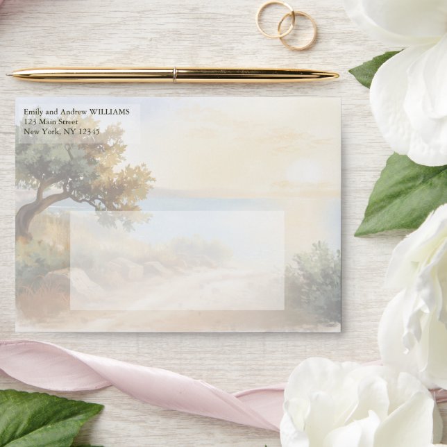 Coast Watercolor Sunset Mediterranean Wedding Envelope (Wedding)