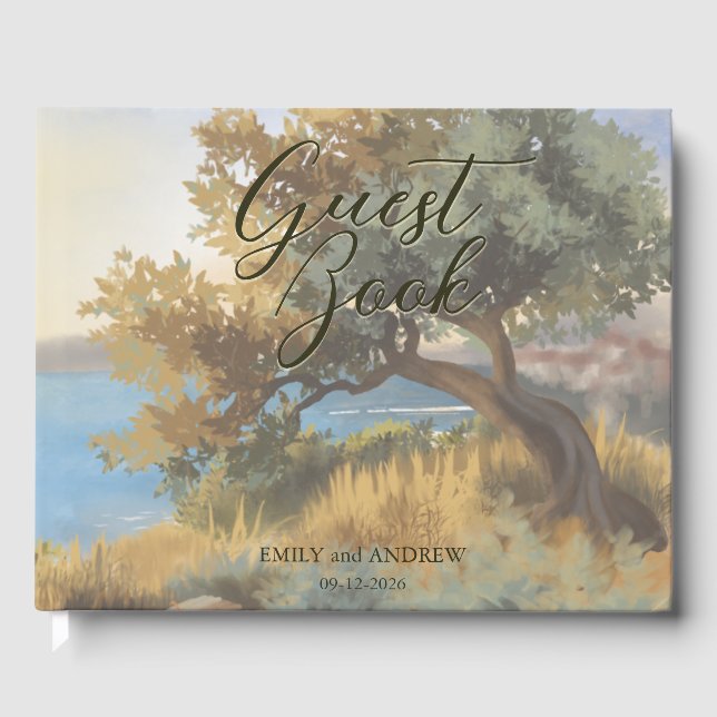 Coast Watercolor Sunset Mediterranean Wedding Guest Book (Front)