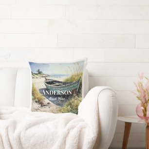 Coastal Abandoned Row Boat Throw Pillow