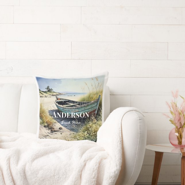 Coastal Abandoned Row Boat Throw Pillow (Couch)