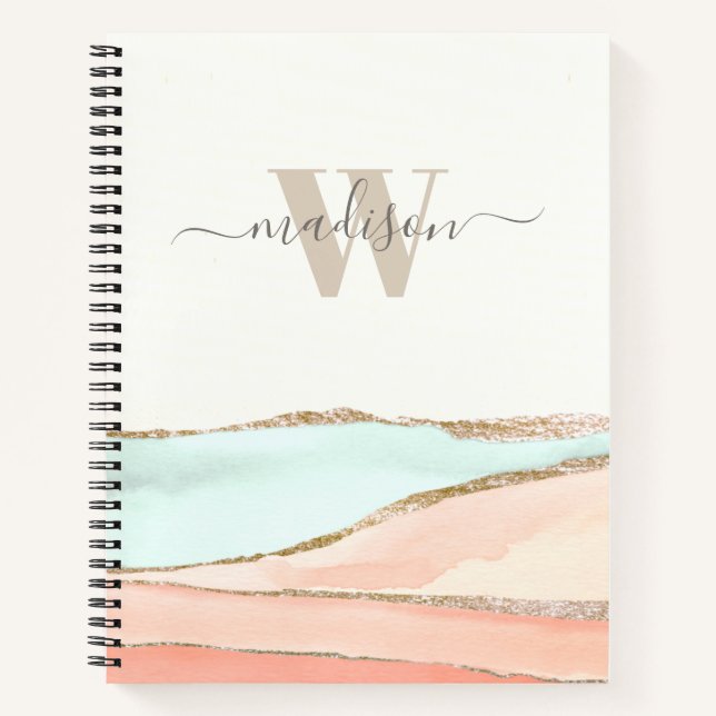 Coastal Abstract Watercolor with Name and Monogram Notebook (Front)