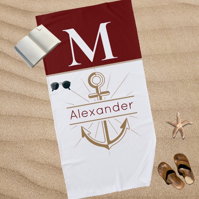 Coastal Anchor Burgundy Maroon Nautical Beach Towel (Creator Uploaded)