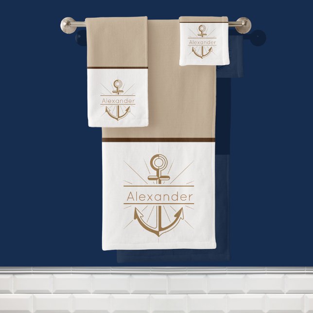 Coastal Anchor Tan Beige Nautical Bath Towel Set (Creator Uploaded)